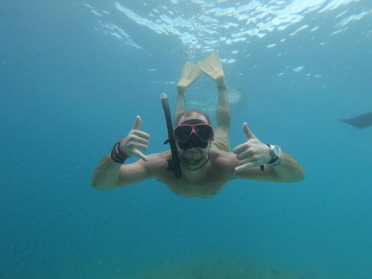 snorkeling-with-turtle-and-underwater-statue-in-gilis