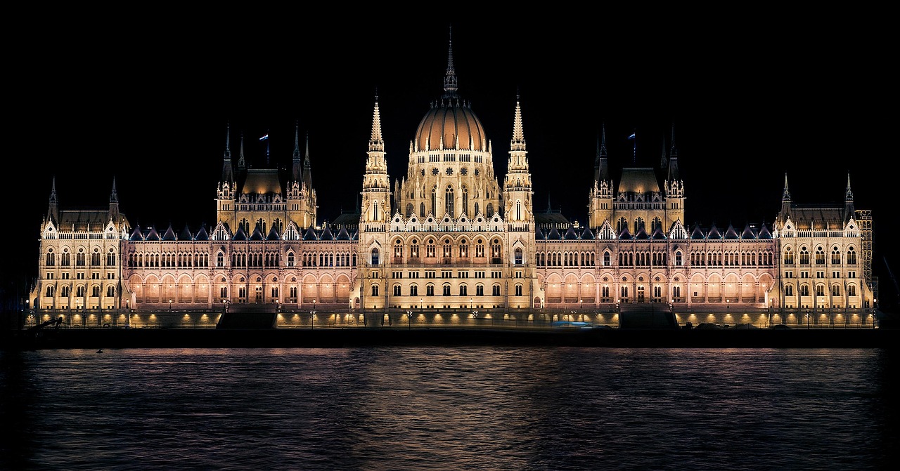 The Hungarian Parliament Building in Budapest seen from across the Danube on a clear sunny day