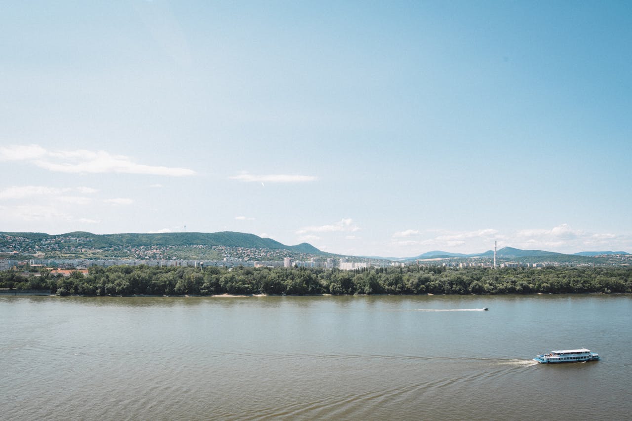 The Danube River flowing through Budapest with historic buildings on both banks