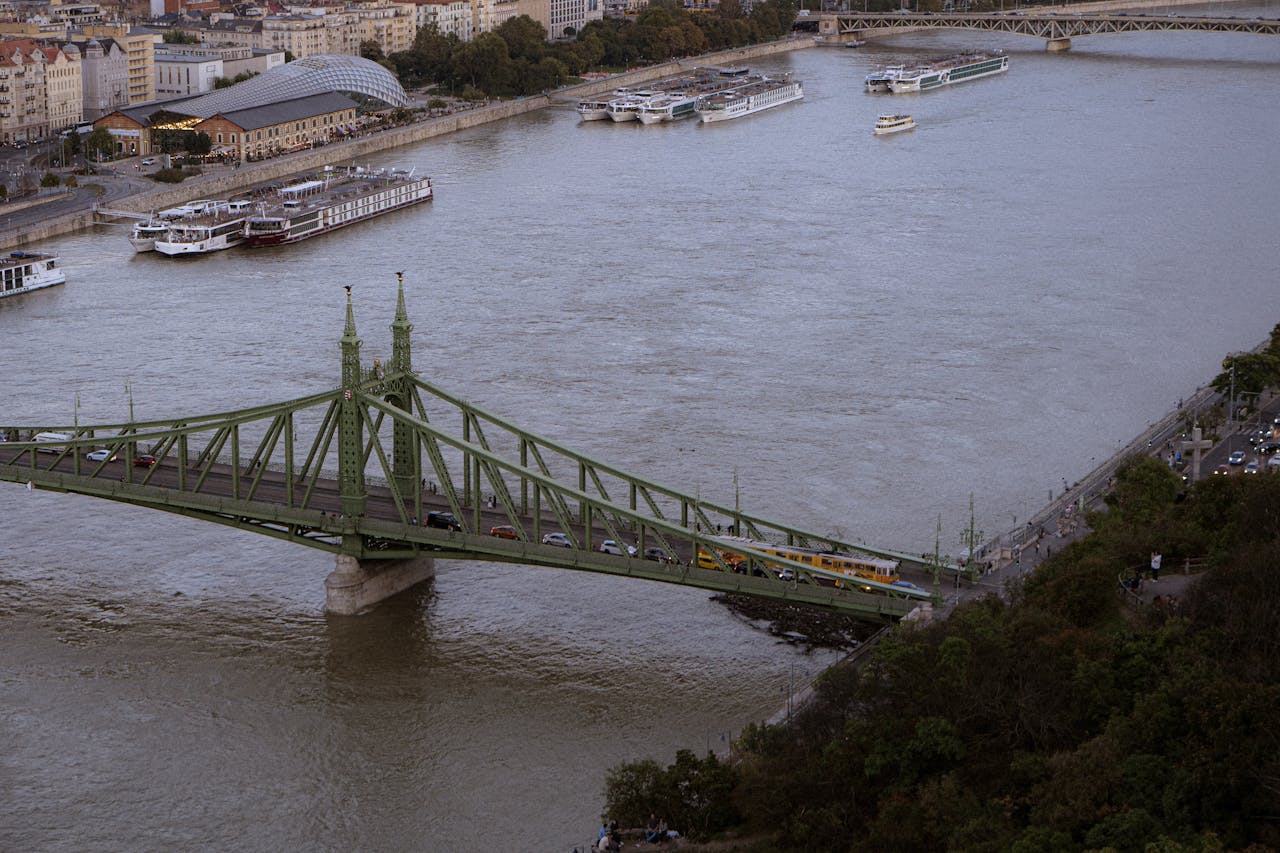 Budapest cityscape from the Danube River with churches and historic buildings