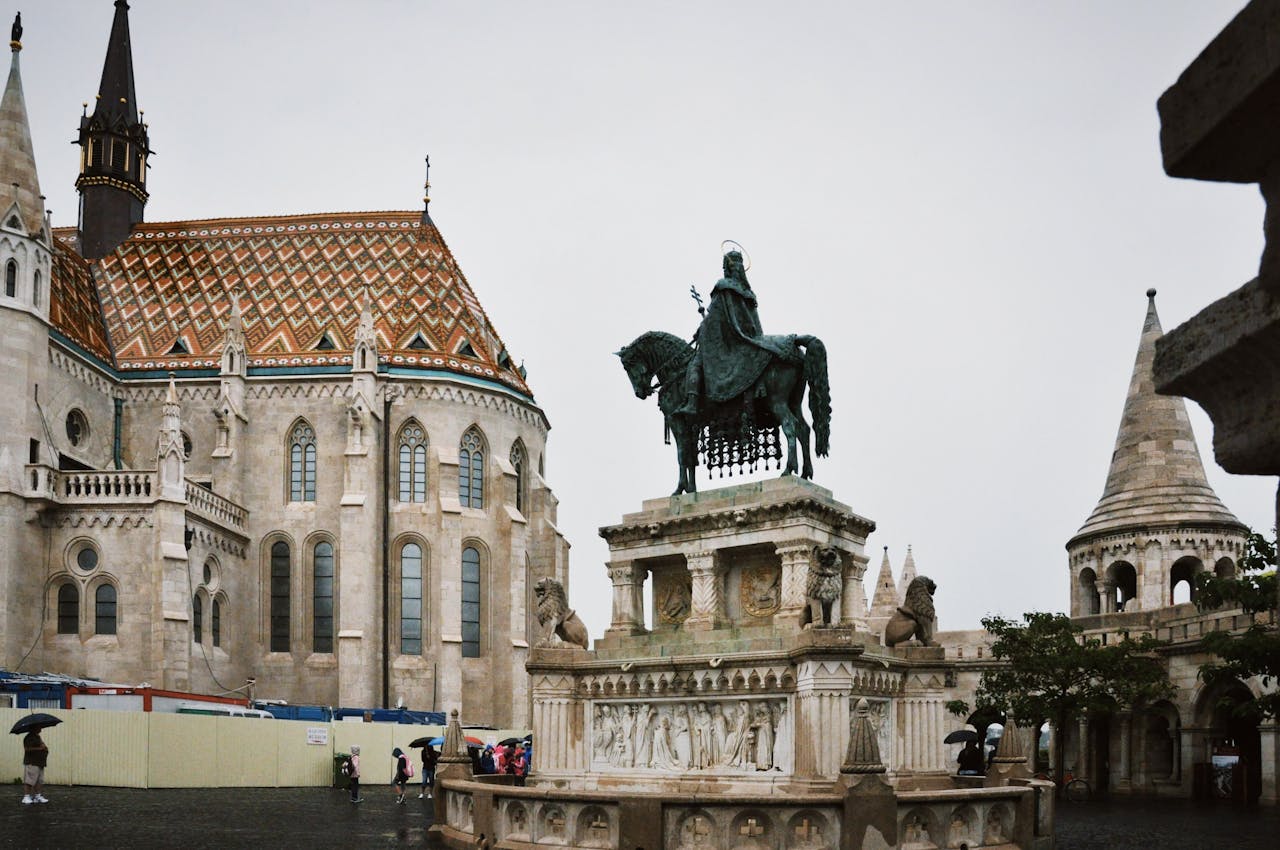 Fishermans Bastion white turrets on the Buda hill above the Danube River in Budapest