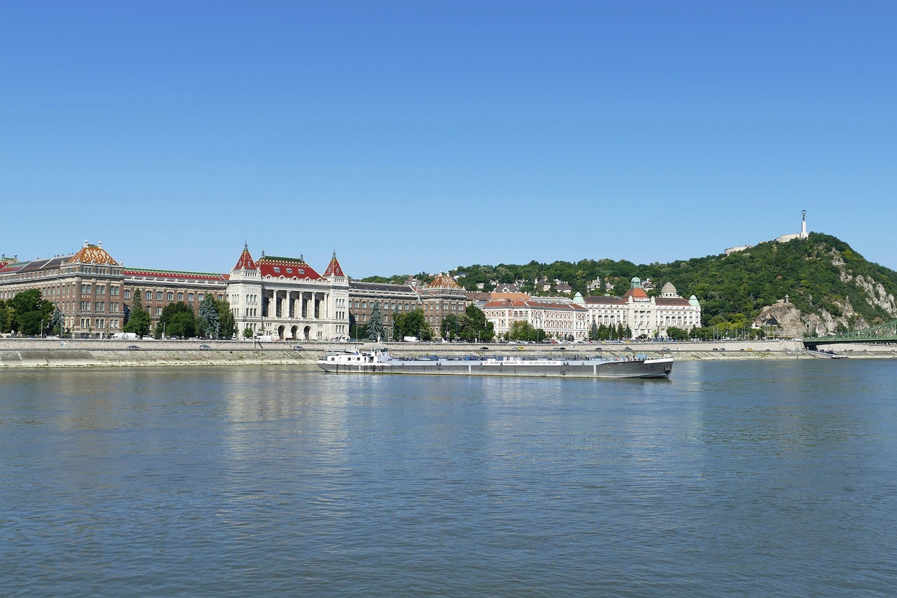 Panoramic view of Budapest architecture along the Danube River from a sightseeing cruise