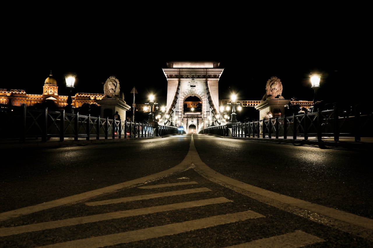 Budapest skyline with illuminated buildings and bridges at night