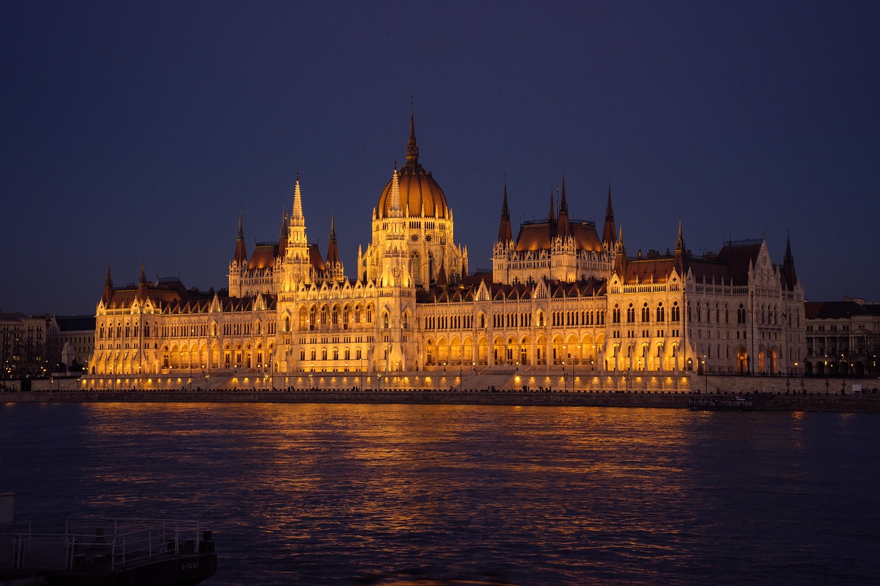 Budapest night skyline with illuminated bridges crossing the Danube River
