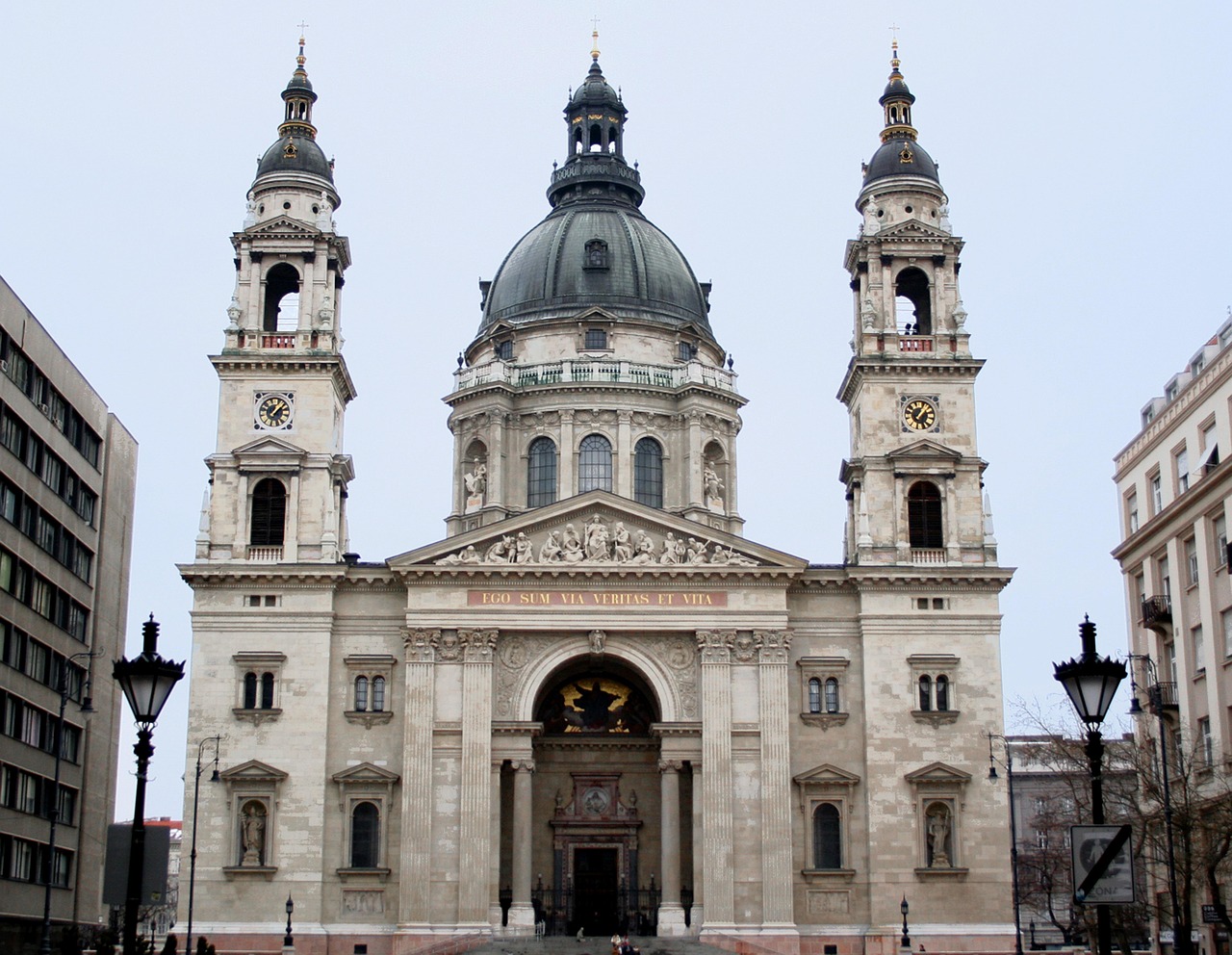 Budapest city skyline featuring the dome of St Stephens Basilica rising above the rooftops