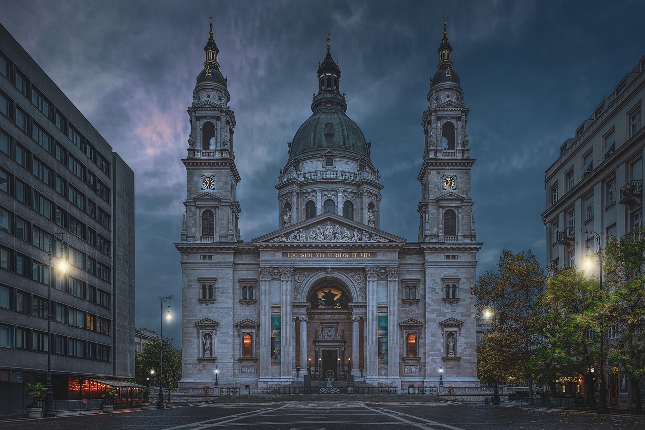 Detailed architectural features inside St Stephens Basilica showing columns and religious artwork