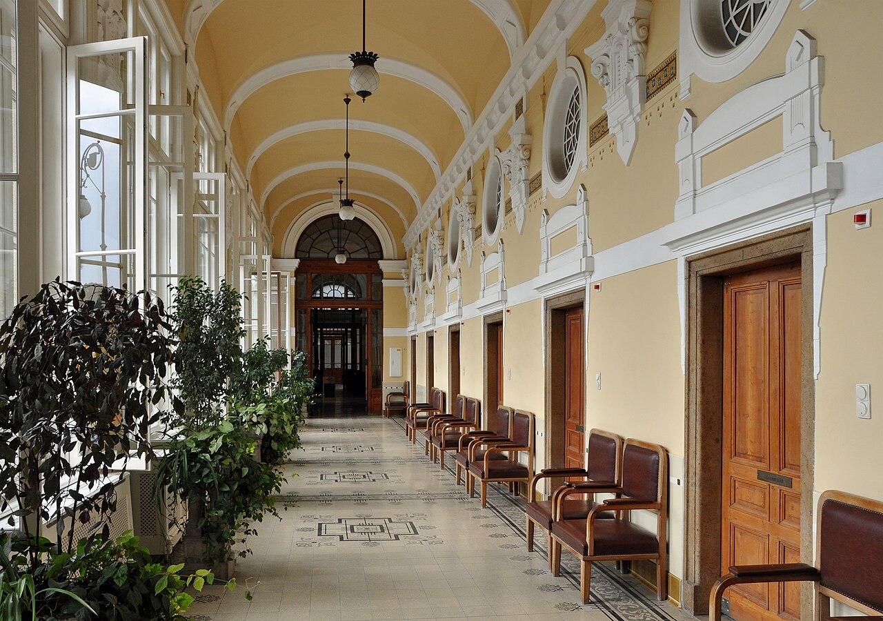 Indoor thermal pool with columns at Széchenyi Bath