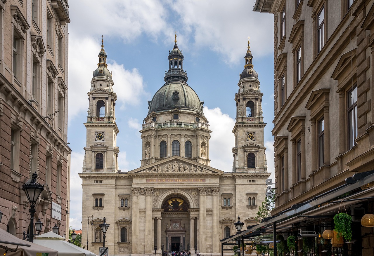 The dome of St Stephens Basilica in Budapest against a clear sky