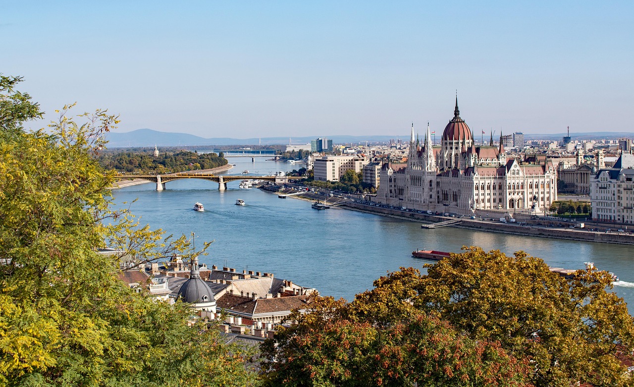 Panoramic view of Budapest architecture and bridges across the Danube River