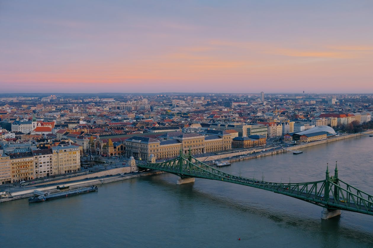 Aerial view of Liberty Bridge crossing the Danube in Budapest during sunset