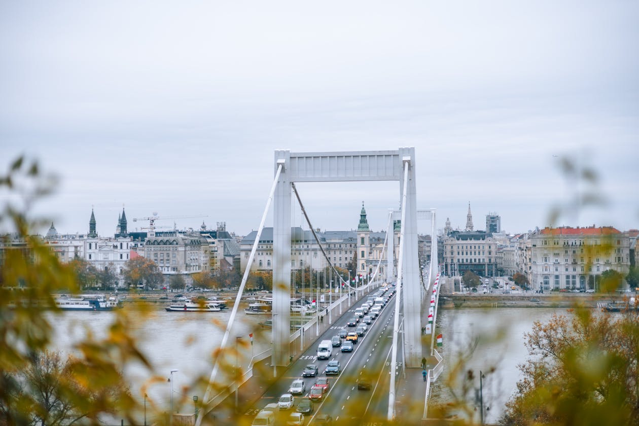 Stunning aerial view of Elizabeth Bridge crossing the Danube in Budapest