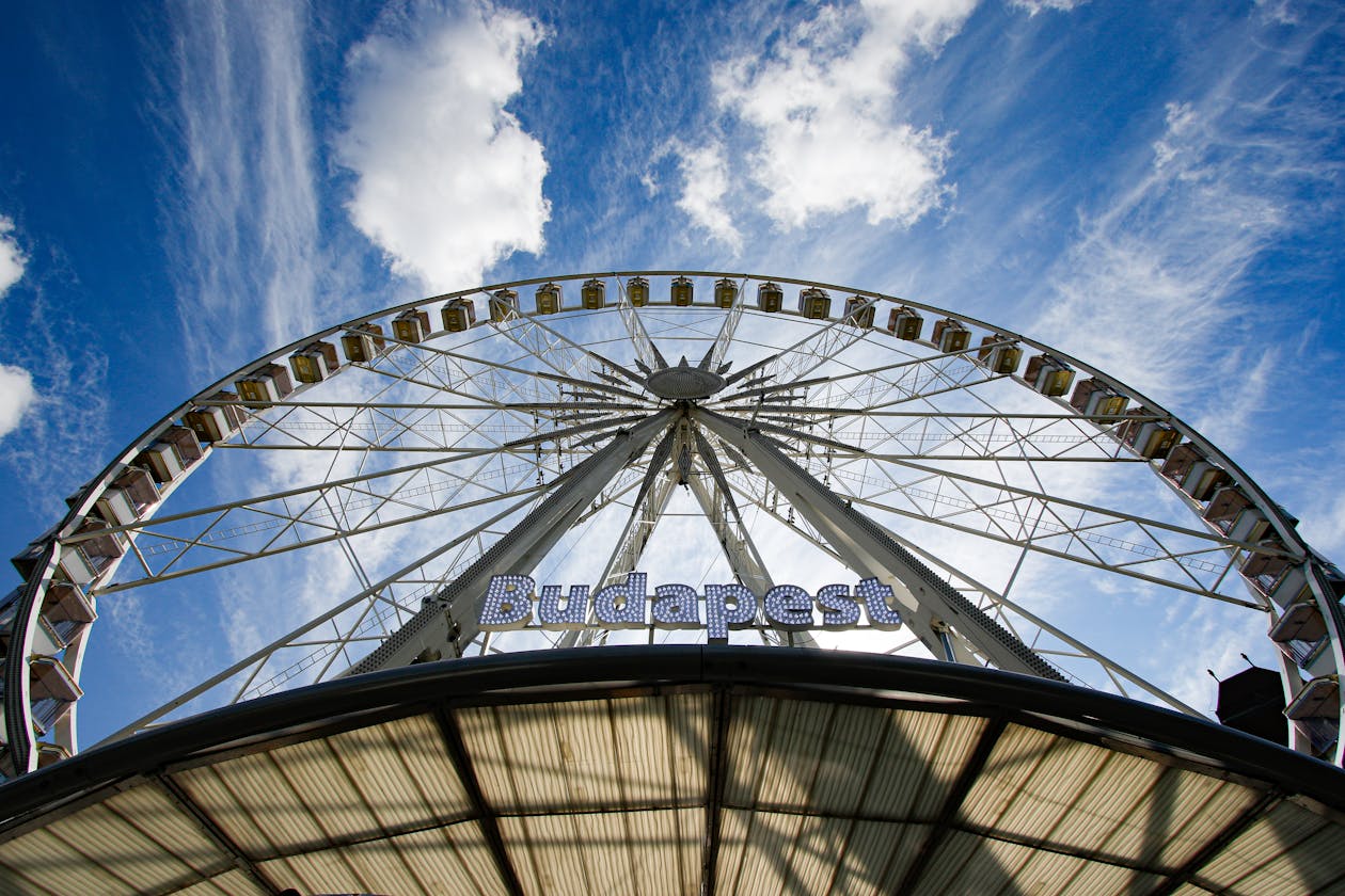 The Budapest Eye Ferris Wheel in Erzsebet Square against a bright blue sky