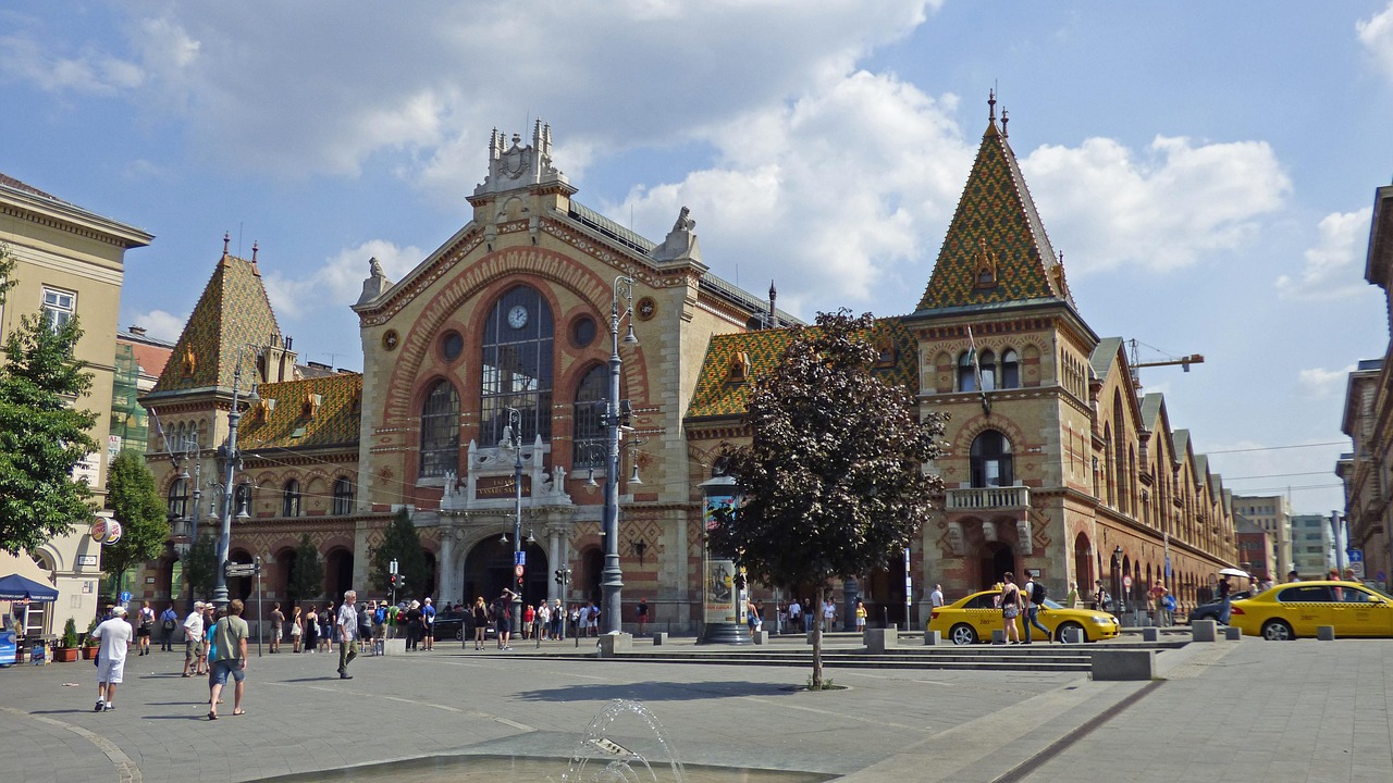 The exterior of Budapest Great Market Hall with its distinctive architecture