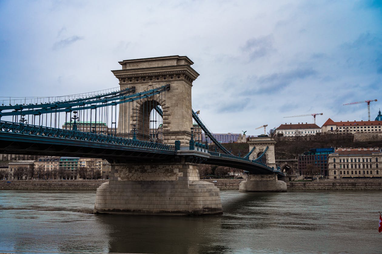 View of the Chain Bridge spanning the Danube River in Budapest Hungary
