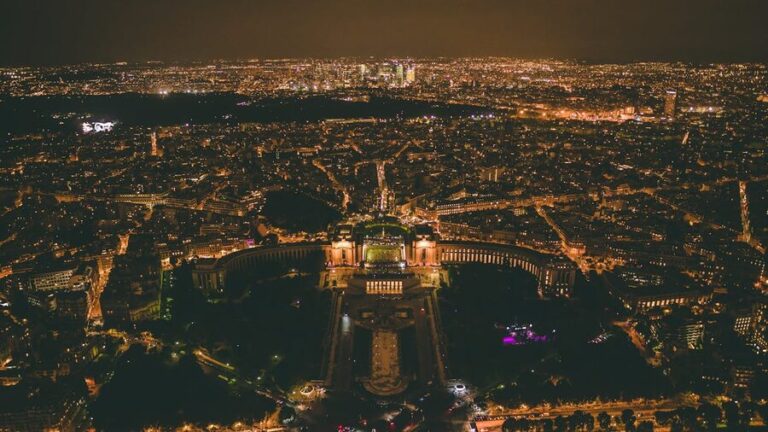 Aerial view of Paris city lights at night showing urban elegance