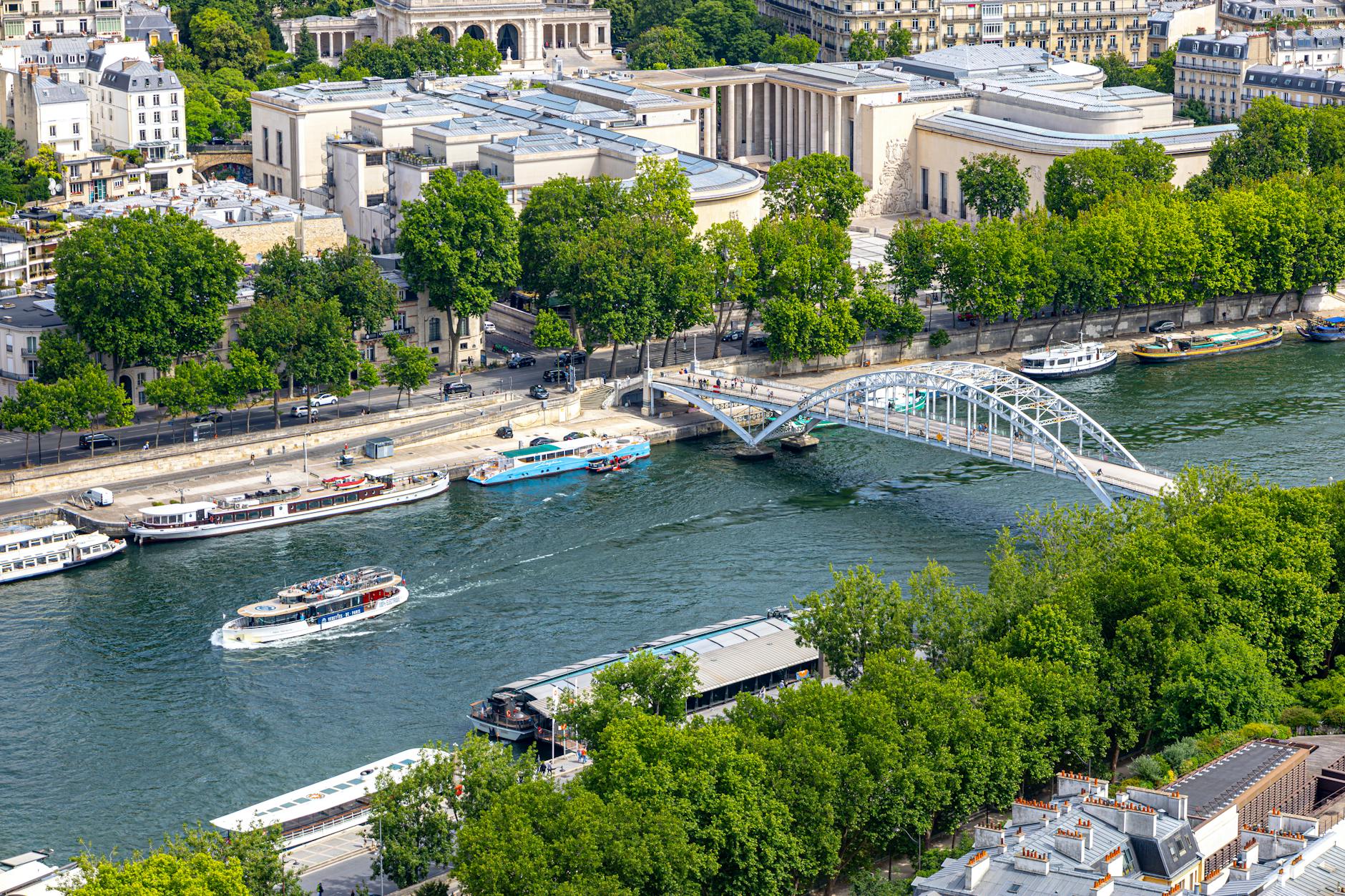Aerial view of the Seine river winding through Paris with historic architecture