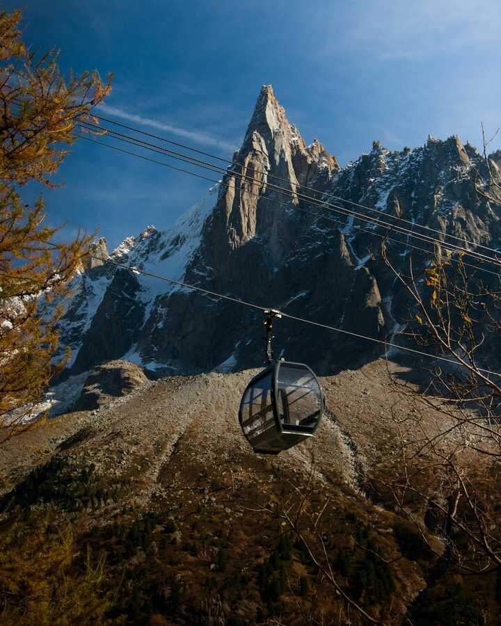 Cable car ascending to Aiguille du Midi in the Alps