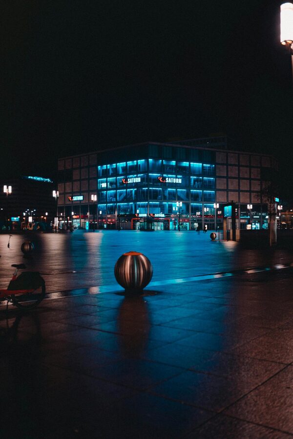 Alexanderplatz at night with reflections
