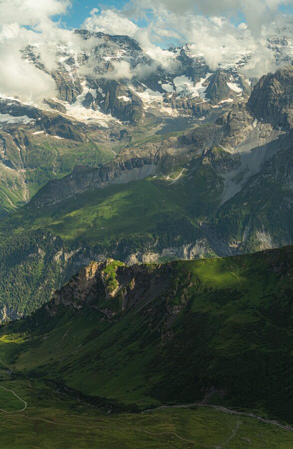 Green alpine valley in summer with mountain backdrop