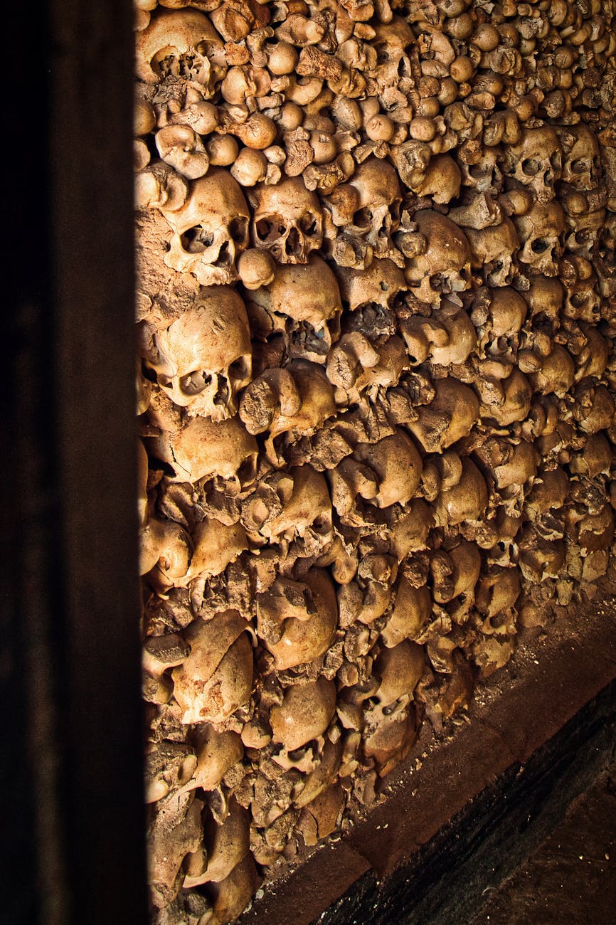 Ancient ossuary wall featuring human skulls in detailed arrangement