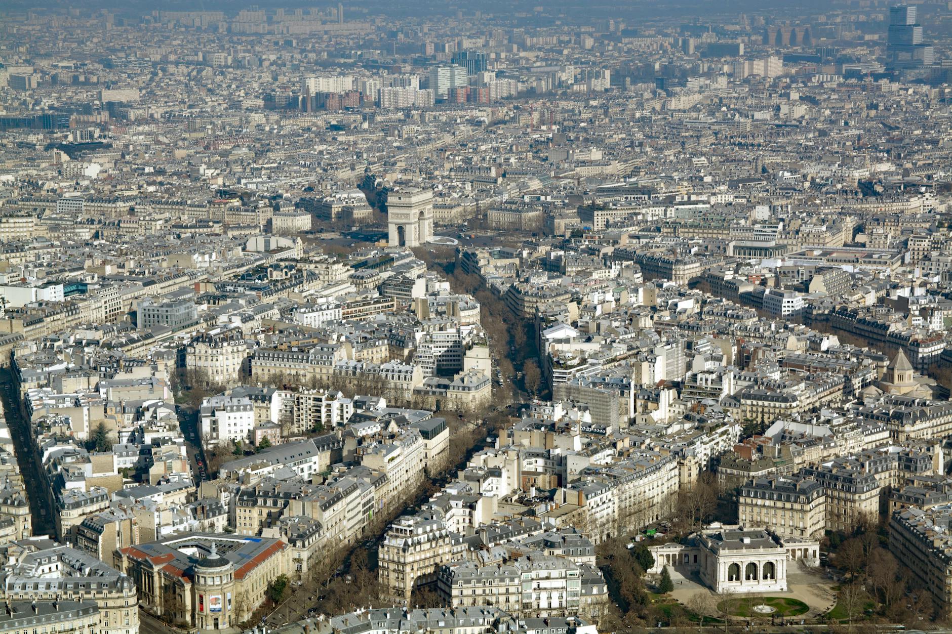 An aerial view of the Arc de Triomphe in Paris