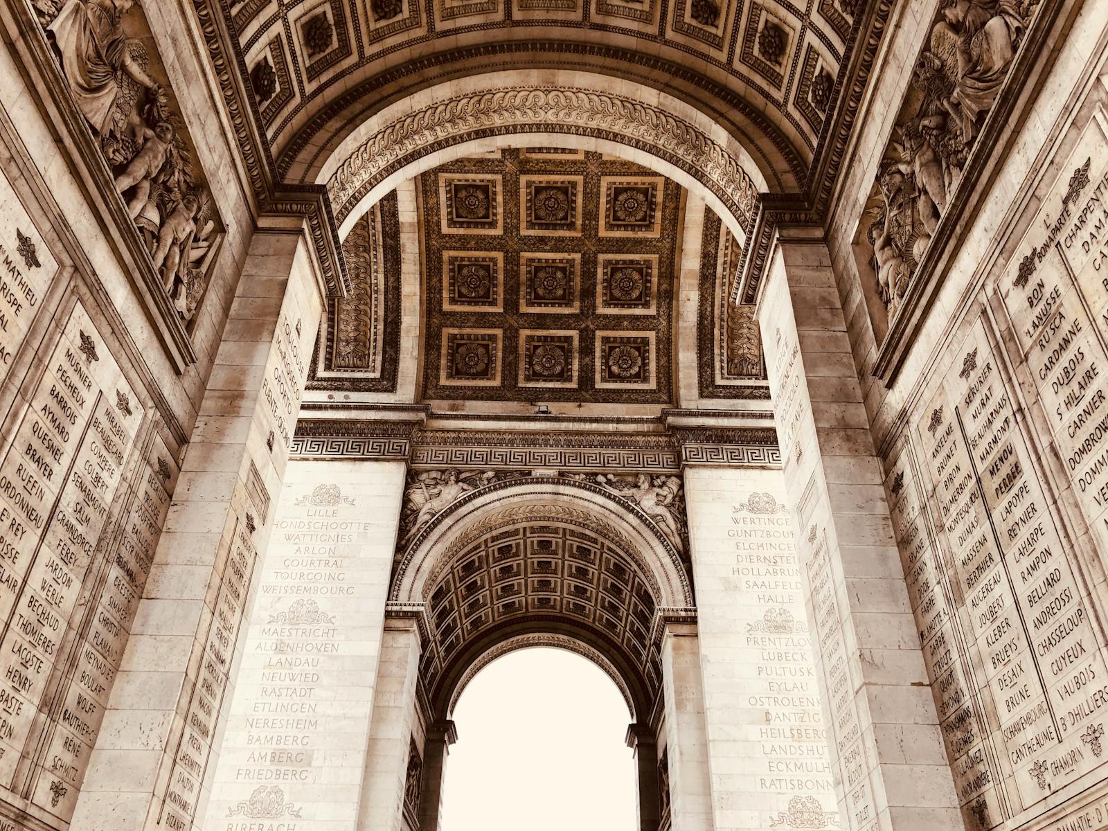 Detailed view of the ornate arches inside the Arc de Triomphe in Paris