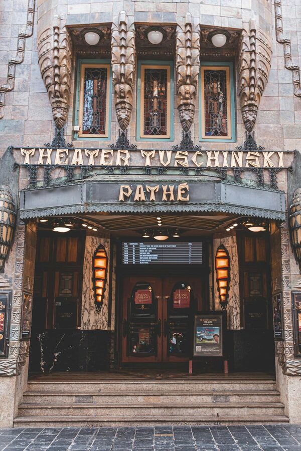 Art Deco cinema facade with ornate architectural details