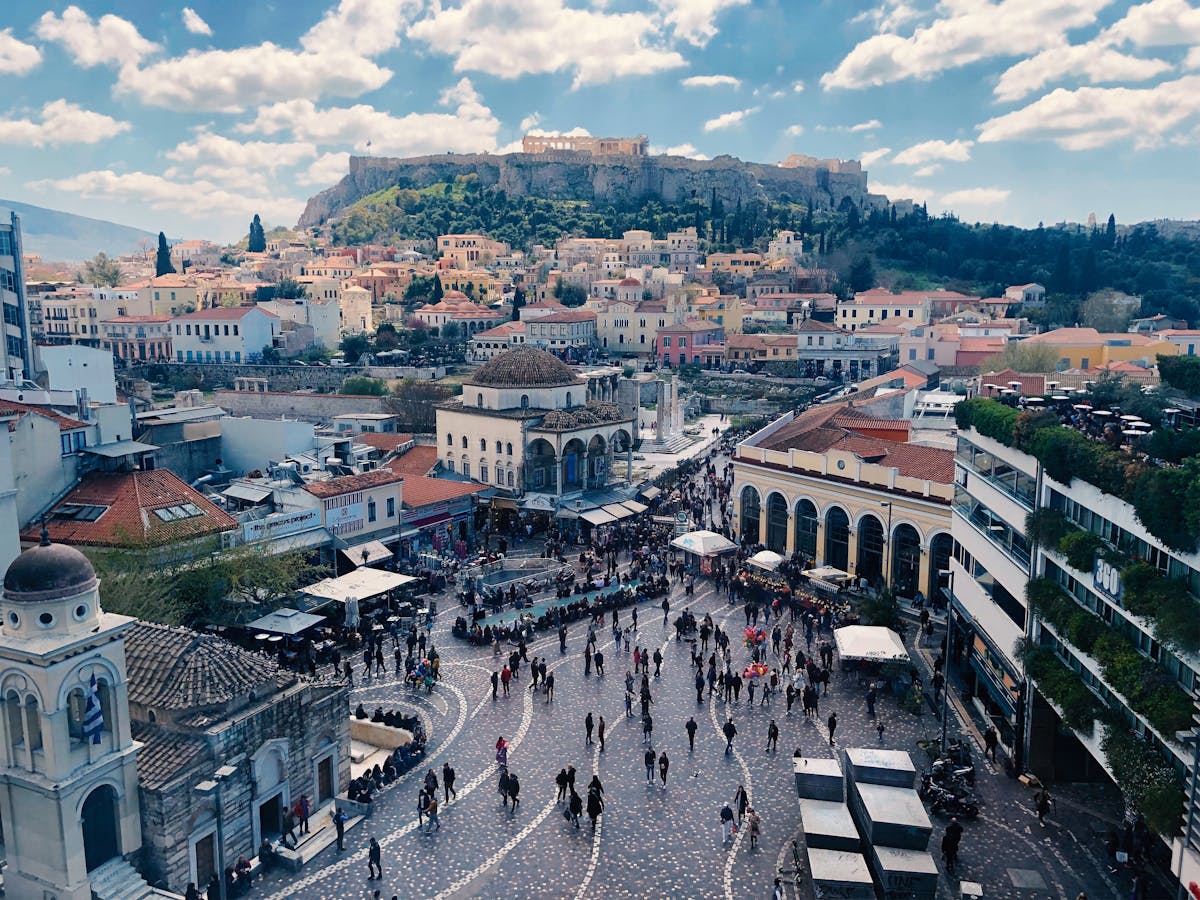 Aerial view of Monastiraki Square with the Acropolis visible in the background