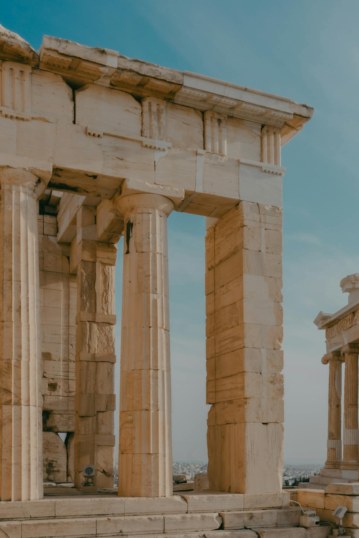 Close-up view of the Parthenon columns at the Acropolis in Athens