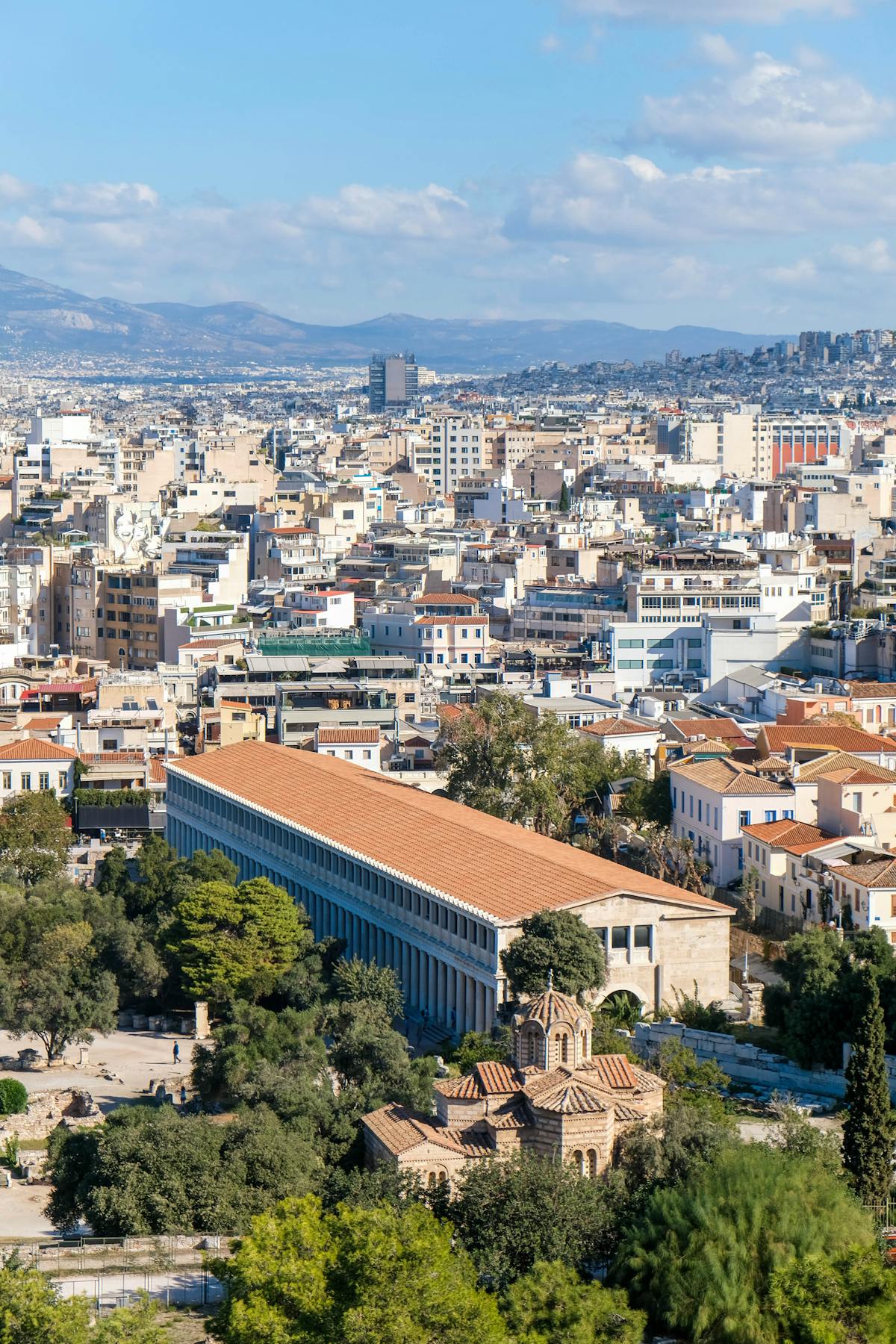 The reconstructed Stoa of Attalos in the Ancient Agora with Athens skyline behind
