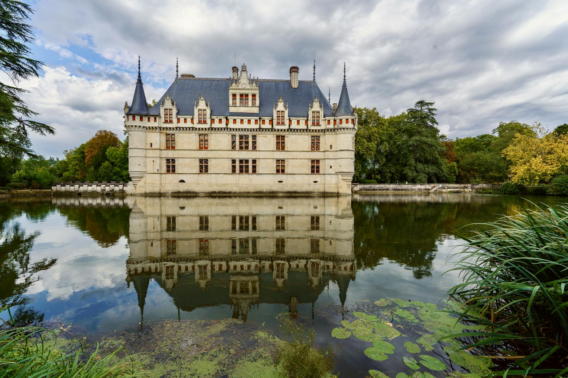 Azay-le-Rideau castle reflected in the river water