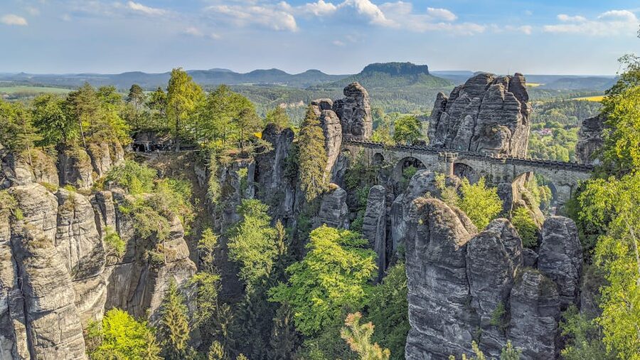 Aerial view of Bastei Bridge in Saxon Switzerland