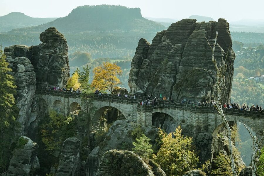 Bastei Bridge surrounded by autumn foliage