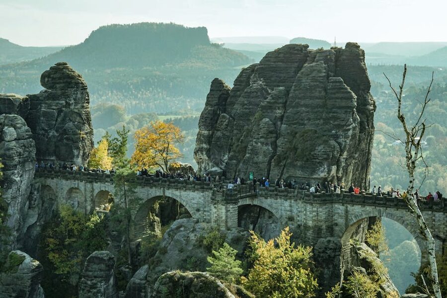 Iconic Bastei Bridge with rock formations