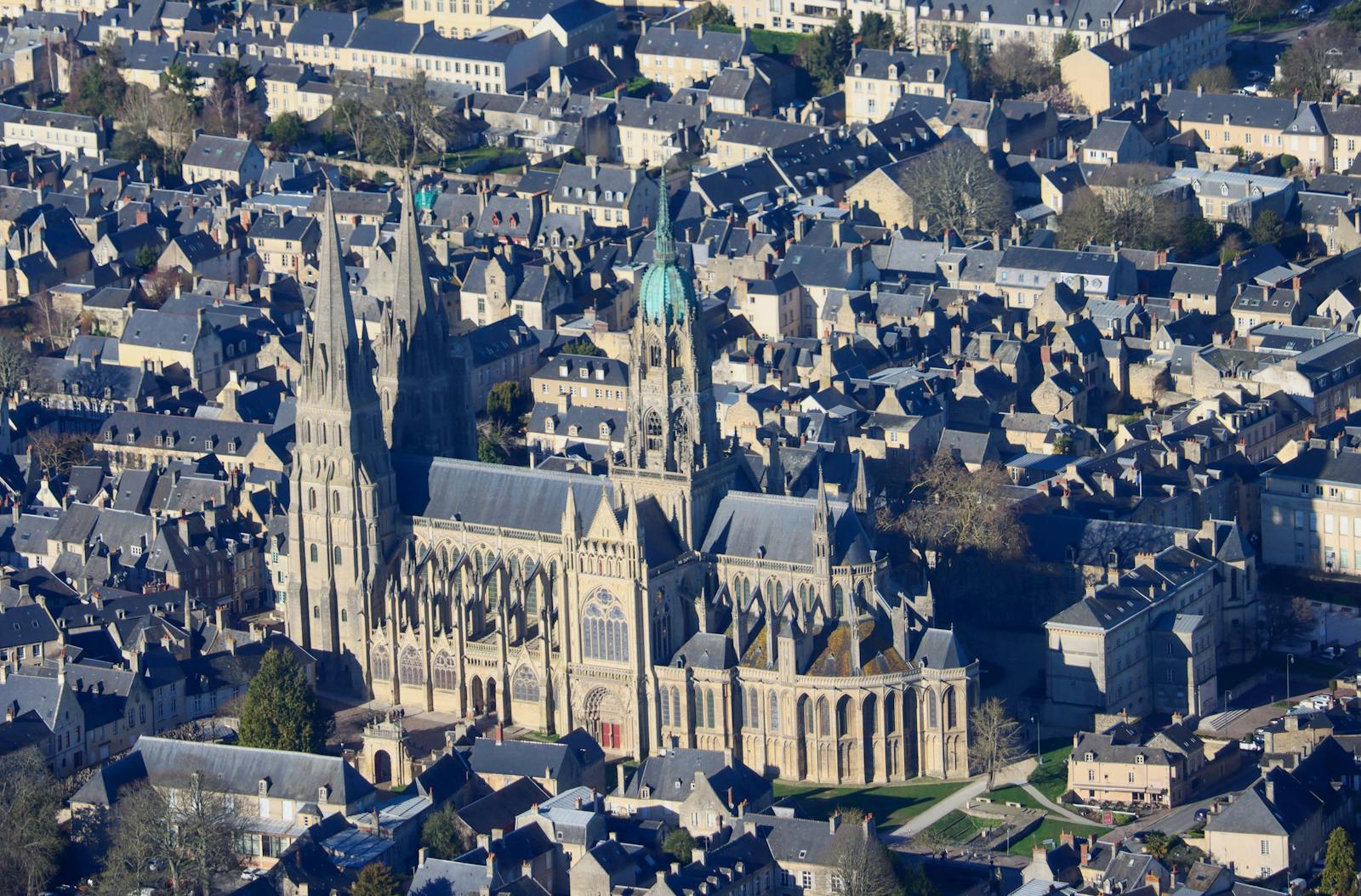 Aerial view of the historic Bayeux Cathedral in Normandy