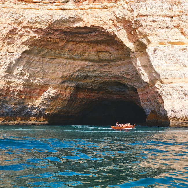 Rock arch formation inside a Benagil area sea cave