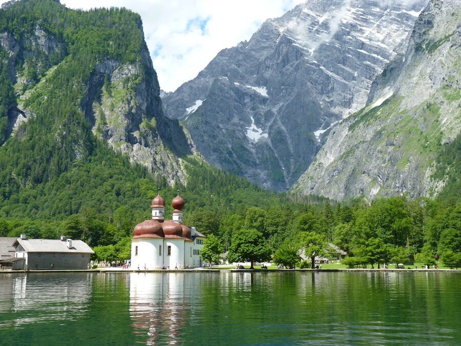 Berchtesgaden village with church and Alps