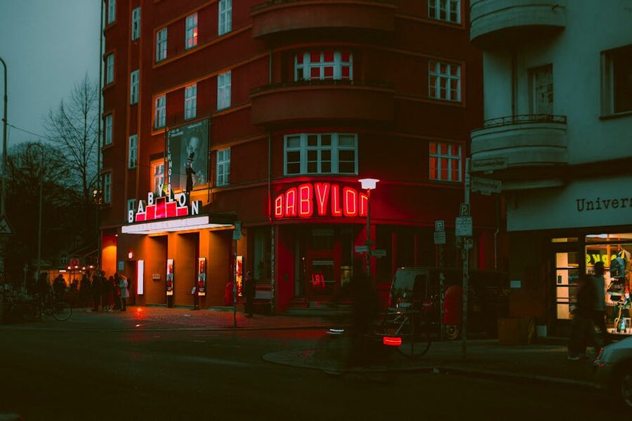 Babylon Theater illuminated at night in Berlin