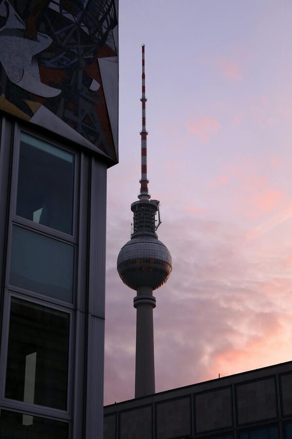Berlin Fernsehturm during sunset with urban foreground