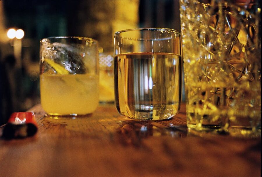 Glasses on wooden table at Berlin bar