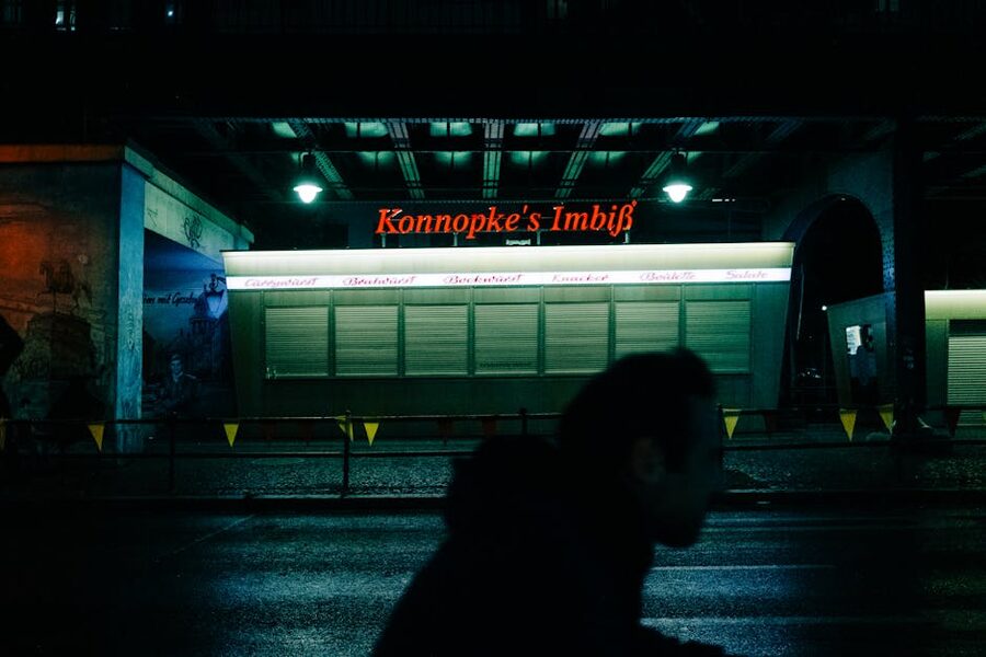 Konnopke Imbiss currywurst stand Berlin at night