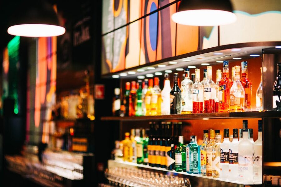 Colorful liquor bottles display at Berlin bar