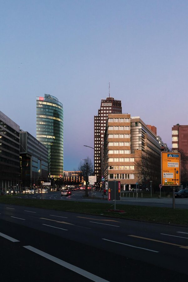 Berlin modern skyline at sunset
