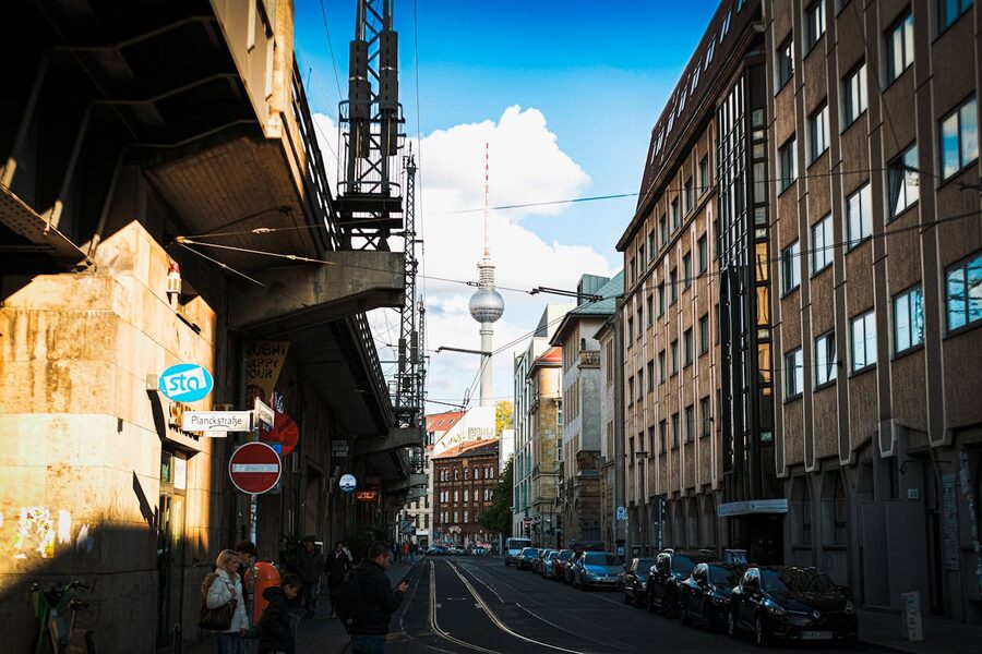 Berlin street with Fernsehturm and urban atmosphere