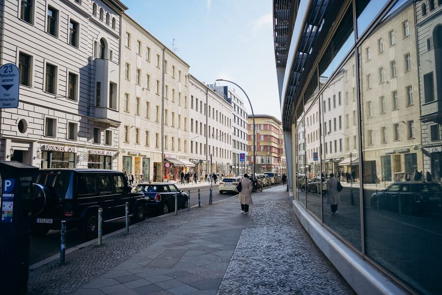 Berlin street blending modern and classic architecture