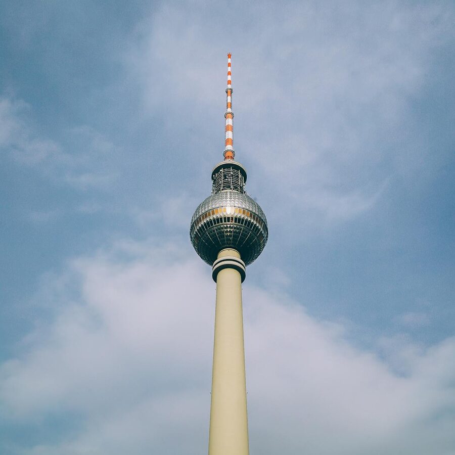 Berlin TV Tower reaching into blue sky