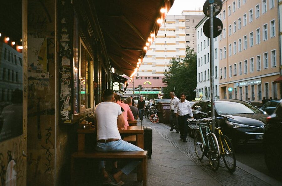 Lively urban street scene at night in Berlin