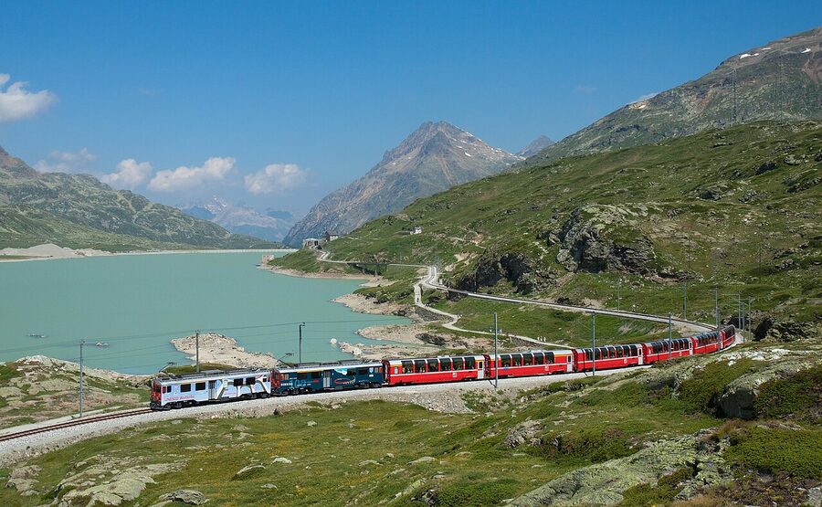 Bernina Express at Lago Bianco glacial lake