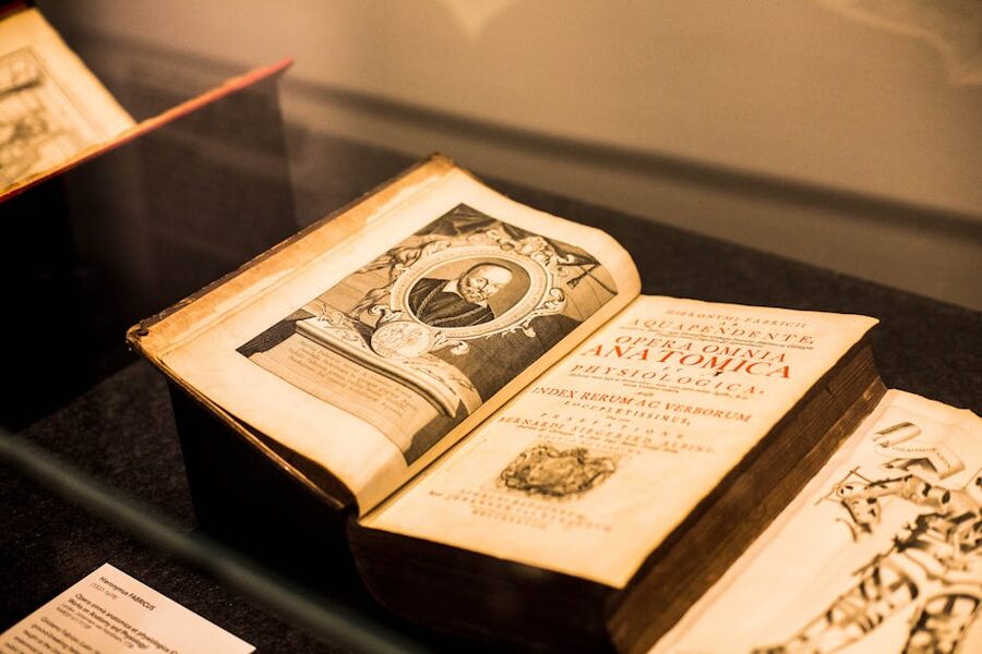Vintage anatomy book displayed in museum
