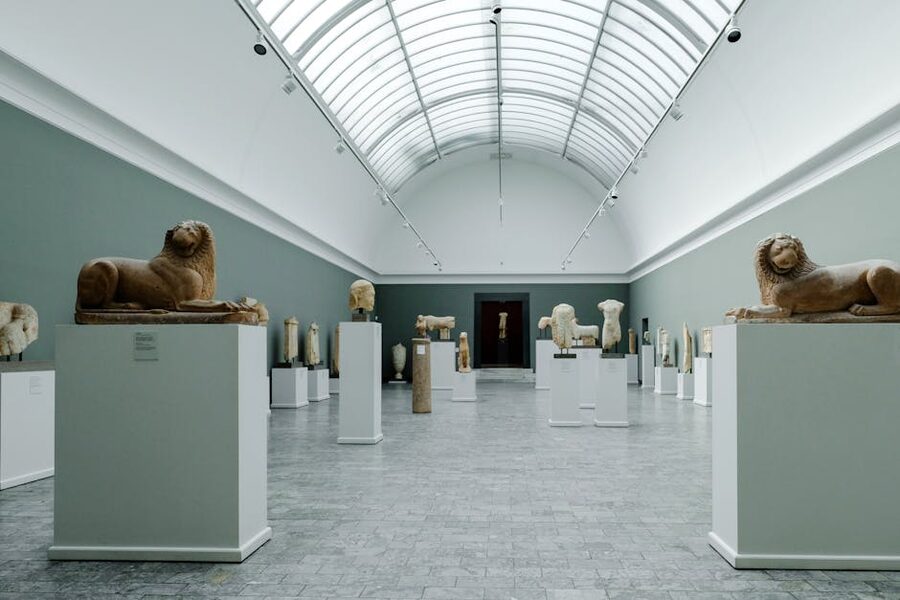 Art gallery interior with sculptures